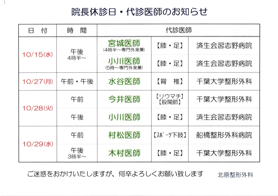 院長不在日【代診医師ご案内】